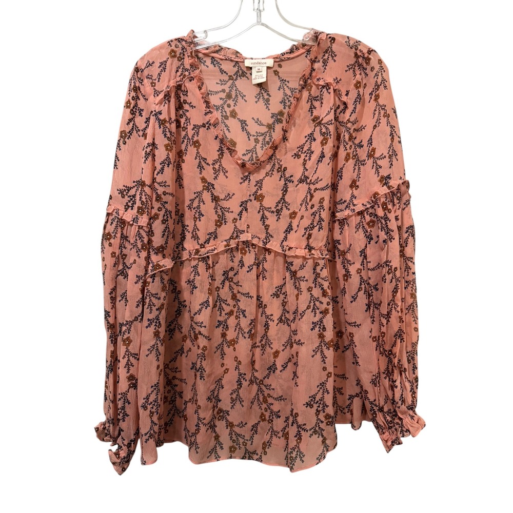 Sundance Medium Pink Floral 100% Silk Blouse V-Neck Ruffle Peplum Top